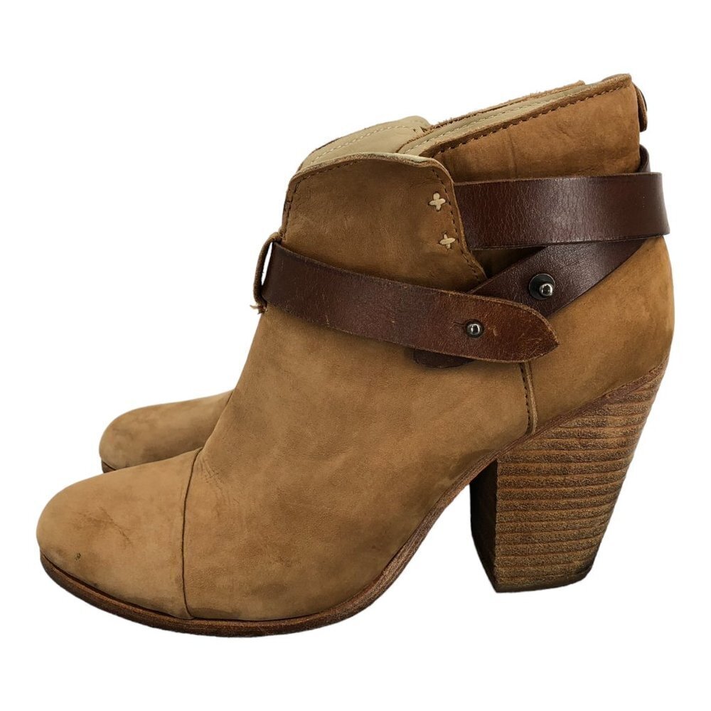 Rag and Bone Harrow Warm Brown Leather Ankle Strap Block Heel Ankle Boots